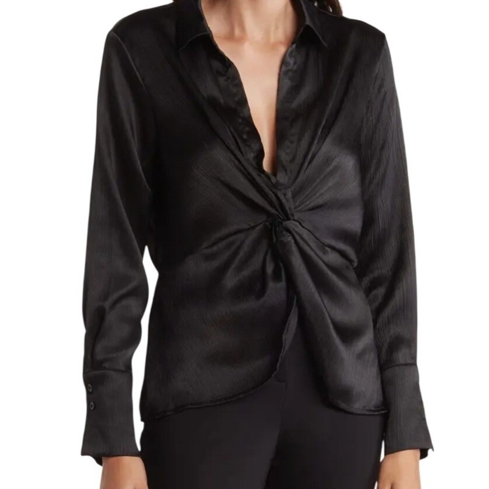 PLEIONE Black Satin Twist Front Collared Long Sleeve Blouse‎ Shirt Top Women M